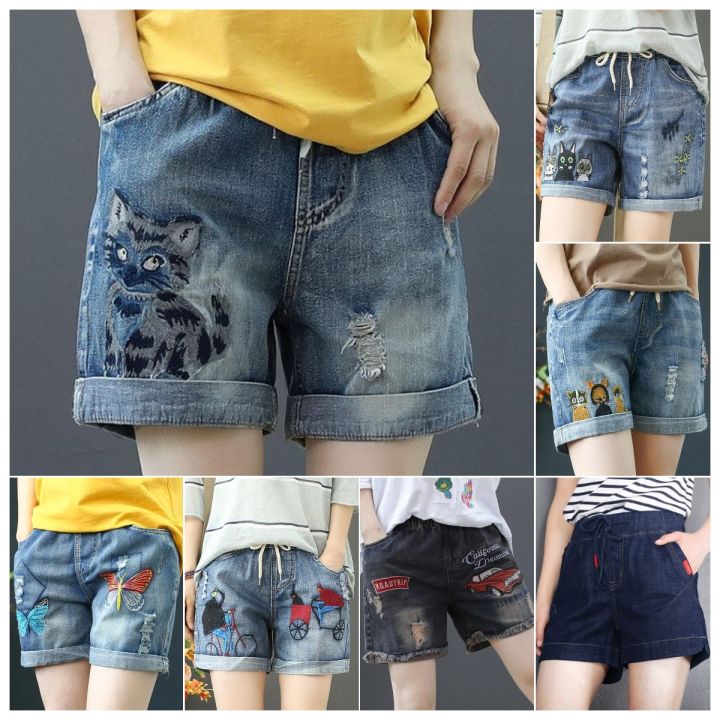 Short Pants Women Plus Size Korean Style Fashion Literature and Art Retro  Elastic Waist Denim Shorts Female New Butterfly Embroidery Hole Straight  Casual Loose Rolled-up with Pocket Women Clothes