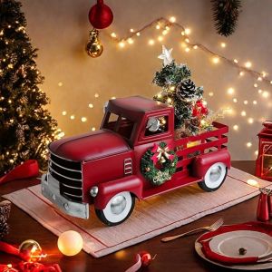 FANGAN American Rustic Style Red Truck with Christmas Tree Ornament with Light Vintage Christmas Pickup Truck Statue Exquisite Mini Truck Figurine Display Case