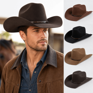 NOBLELUX Concave Shape Wool Cowboy Hat Wide Brim 100% Wool Western Cowboy Hat Top Hat Decorative Buckle Fashion Western Hat Outdoor Wear