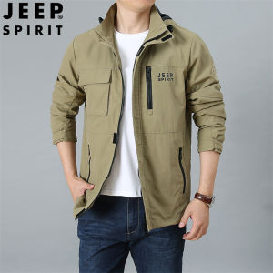 JEEP SPIRIT Mens Jacket Mid-Length Coat Loose Waterproof Multi-pocket Outdoor Stormbreaker Hooded Detachable Jacket