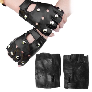 Men Women Black Faux Leather Fingerless Gloves Biker Punk Motorcycle Riding Driving Half Finger Mittens with Studs
