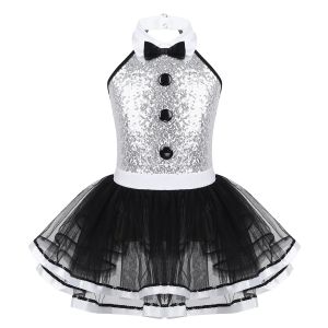 Kids Girls 2Piece Jazz Ballet Dress Sleeveless Sheer Mesh Patchwork Metallic Bodice Tulle Tutu Dress+Headwear Ballroom Dancewear2026