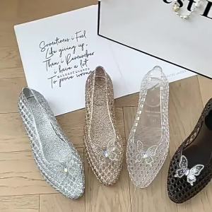 [Free Shipping] Korean Style Ins Rhinestone Transparent Butterfly Pointed Jelly Shoes Shallow Single Shoes Transparent Perforated Shoes Crystal Sandals For Women