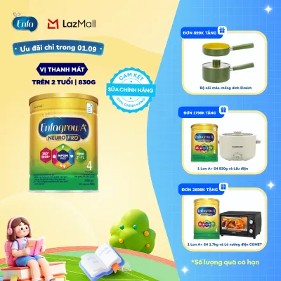 [CHỈ TỪ 25-29/08 MUA LÀ CÓ QUÀ] Sữa Bột Enfagrow A+ Neuropro 4 830g với DHA giúp phát triển não bộ cho Trẻ Từ 2 – 6 Tuổi