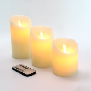 Set of 3 Flameless Candles Battery Operated Ivory 8cm Real Wax Pillars & Moving Flame Wick LED Candles and 10-Key Remote Control with Timer Function 300+Hours