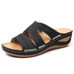 [Free Shipping] Embroidered PU Sandals For Women Featuring A Wedge Heel Open-Toe Design Thick Sole And Available In Various Colors And Sizes
