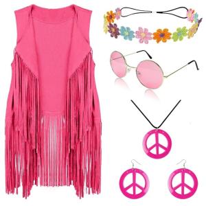 Peace Sign Earring Necklace Headband Fringe Vest Tassels Cardigan Hippie Costume for Women 60s 70s Hippie Clothes Set