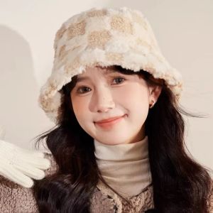 SKINJOY Plaid Checkered Women Bucket Hat Adjustable Faux Fur Checkered Basin Hat Casual Thicken Winter Fisherman Hat Autumn Winter