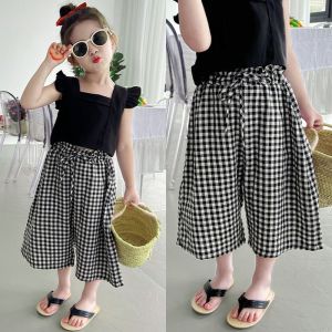 2-8Years Girls Casual Suits Summer Fashion Breathable Flying Sleeves Top +Plaid Pants Sets