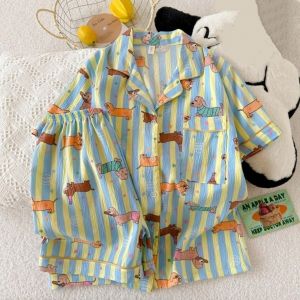 ROB TOY แขนสั้น ชุดนอนการ์ตูน หมา แมว ลูกแมว ชุดนอนสำหรับสุนัขและแมว ชุดนอนอนิเมะ หลวม ชุดนอนสองชิ้น ฤดูร้อน