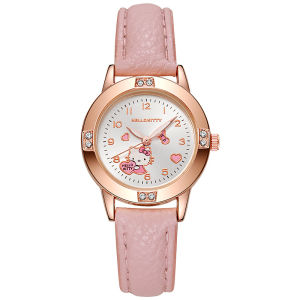 Korean Style Cute Kids Watch Saniro Kuromi Melody Watch with Rose Gold Diamond PU Strap Durable Quart Wristwatch for Student Girls