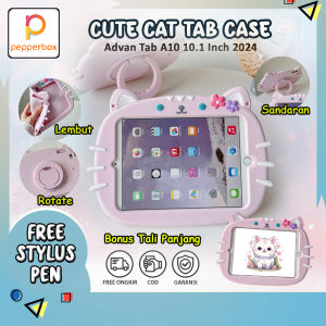 Soft Case Advan Tab A10 10.1 Inch 2024 A523 Ring Flower Cat Lucu Cute Standing Rotating Casing Skin Aksesoris Rotate Pelindung Tablet Kesing Anak Dewasa Kids Sandaran