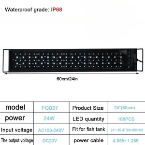 IP68 Waterproof Aquarium LED Light Full Spectrum Fish Tank Lighting with Aquatic Plant Growth Lamp 24/7 and 100V-240V 30-60cm