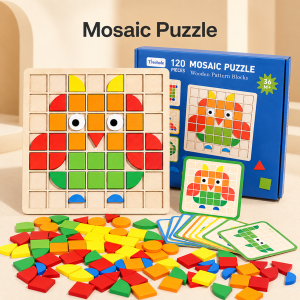 Montessori Wooden Mosaic Puzzle for Kids: 120 Color & Shape Matching Blocks with 20 Double-Sided Pattern Cards – Educational Toy with Storage Box