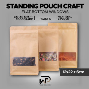 ( 1 Pcs ) Standing Pouch Flat Bottom Craft Windows Coklat 12 x 22 | Kemasan Kopi Snack | Kemasan Paper Ziplock Windows