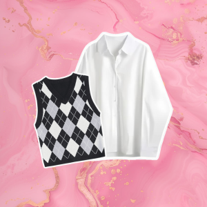 One Set 3in1 Korean Style Kemeja Basic Putih Vest Rajut Diamond Rok Hitam Hyget KS Smoothie 057