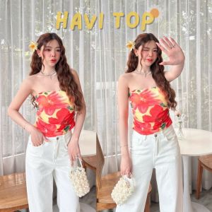 HAVI เสื้อเกาะอกผ้าตาข่าย พิมพ์ลายชบา เสื้อเกาะอกชบาสีเหลือง น่ารักฟิลทะเล สาวอวบใส่ได้ สวยมาก Sheeny (S026)