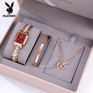 PLAYBOY นาฬิกาหญิง2026ใหม่ สายเซรามิกแฟชั่นมินิมอล กันน้ำ! แถมฟรีสร้อยแขน+สร้อยคอ พร้อมกล่องหรูควอตซ์ของขวัญสุดพิเศษ