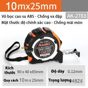 Thước kéo chống va đập Asaki thước rút nền trắng số to rõ ràng thước cuộn thép độ chính xác cao vỏ bọc cao su ABS siêu bền vạch chi khắc laser phủ nylon chống mài mòn thước rút thép thước dây thép thước mét thuoc cuon