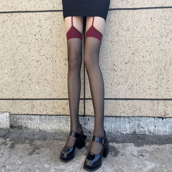 Women Transparent Suspenders Integrated Contrast Color Socks Pantyhose  Underwear Thigh High Stockings Lace Pattern Garter Tights