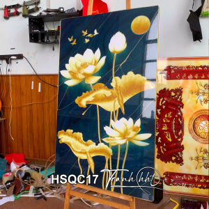Tranh hoa sen 3d trang trí tường Tranh hoa sen cá chép lộc phát an khang tráng gương treo tường HSQC17