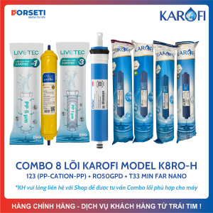 Trọn Bộ 8 Lõi KAROFI Với Lõi Số 2 Cation Nhỏ Dùng Cho Nguồn Nước Cứng (Tặng 1 Cút T Nối Nhanh Và 1 Mét Dây 6mm)