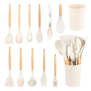 Keranixy 12PC Silicone Kitchen Utensil Set Non Stick Cooking Tool Wooden Handle Spatula Heat Resistant Alat Dapur