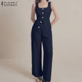 ZANZEA Women Fashion Square Neck Sleeveless Button Up Vests Straight Long Pants Plain Office Two-piece Outfits #0825. 