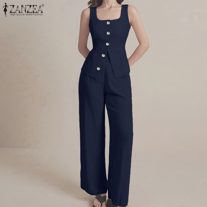 ZANZEA%20Women%20Fashion%20Square%20Neck%20Sleeveless%20Button%20Up%20Vests%20Straight%20Long%20Pants%20Plain%20Office%20Two-piece%20Outfits%20#0825%20-%20Image%202