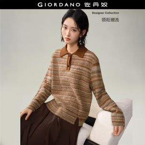 GIORDANO Women Sweaters Gradient Striped Sweaters Half Placket Collar Fashionable Casual Relaxed Sweaters 18356220