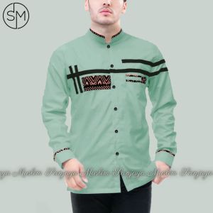 Baju Koko Pria Lengan Panjang Kombinasi Batik Klasik Motif Bima Warna Cokelat Bahan Katun Toyobo Premium