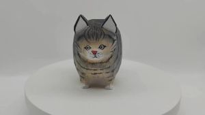 Cute Fat Wooden Cat Figurine Cat Statue Handmade Wooden Cat Art Carving Work for Decoration (Grey L: 3.42" x W: 2.2" x H: 3.11")