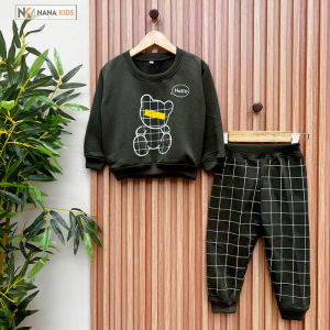Ukuran S M L XL Setelan Baju Anak Laki Laki Setelan Sweater Celana Joger Anak Motif Bear Usia 1-5 Tahun Nana Kids Wear