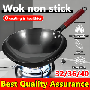 High quality wok non stick 32/36/40cm non stick wok Uncoated Wear resistant and rust proof Pure Cast Iron wok kuali non stick woks 铁锅 炒锅
