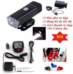 Khóa đĩa chống chộm +Đồng hồ đo tốc độ xe đạp+Đèn pha xe đạp Tặng Kèn hú xe đạp 6 âm thanh chất lượng cao