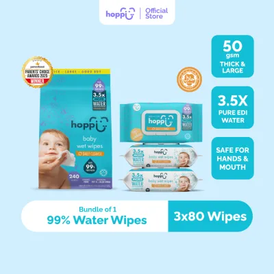 Hoppi Premium 99% Baby Water Wipes (80 Wipes x 3 Packs)