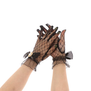 Minwen Girl Lolita Mesh Bow Flower Lace Gloves Black White Lace Gloves lolita Lace Sleeves Cosplay Jewelry