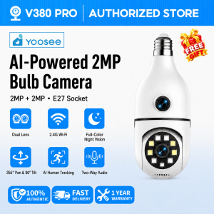 YOOSEE Q19S AI Dual Lens 4MP FULL HD CCTV Camera Auto Tracking Security WiFi Lamp Bulb Camera Connect Cellphone CCTV Light Bulb CCTV 360° Rotation Wireless Night Vision Human Detection