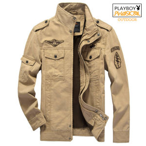 PLAYBOY Outdoor jacket Workwear Large Size Mens Wear 2023 Spring and Autumn Coat Cotton Washing Jacket with Epaulets Stand Collar Jacket Clothes M-6XL