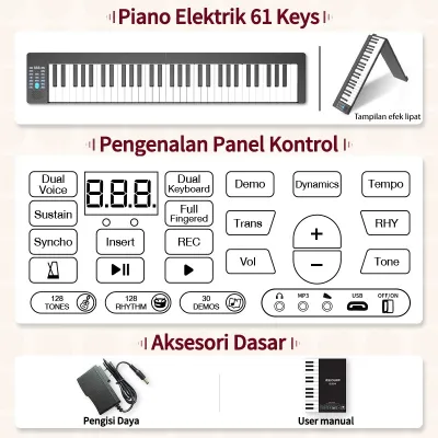 Portable 61-tuts piano lipat / Multifunctional Electronic bluetooth Keyboard Piano for Piano Student Musical Instrument- dapat dilipat