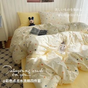 ins Japanese Style Solid Color Washed Cotton Four-Piece Set Student Dormitory Single Three-Piece Set Bed Sheet Duvet Cover Bedding LZD