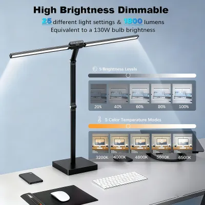 Double Head LED Clip Remote Control Desk Lamp Architect Table Lamp for Home Office Lighting 5 Color Modes and 5 Dimmable