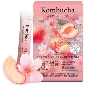 [KKOKDAM] Kombucha Tea - Peach & Cherryblossom Korean Tea - Instant Tea Sticks  Powder Drink Mix with Real Flower Unique Korean Gift for Women - 15 Packs