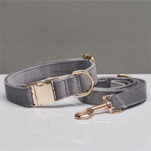 Velvet Dog Collar with Engravable Metal Buckle and Matching Leash Set