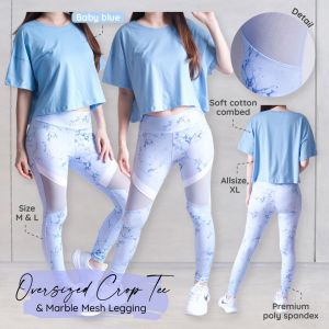 BAJU OLAHRAGA oversize marble pink baby ungu baby setelan SENAM CROP SLEEVE legging baju zumba aerobic fitness gym dance salsa