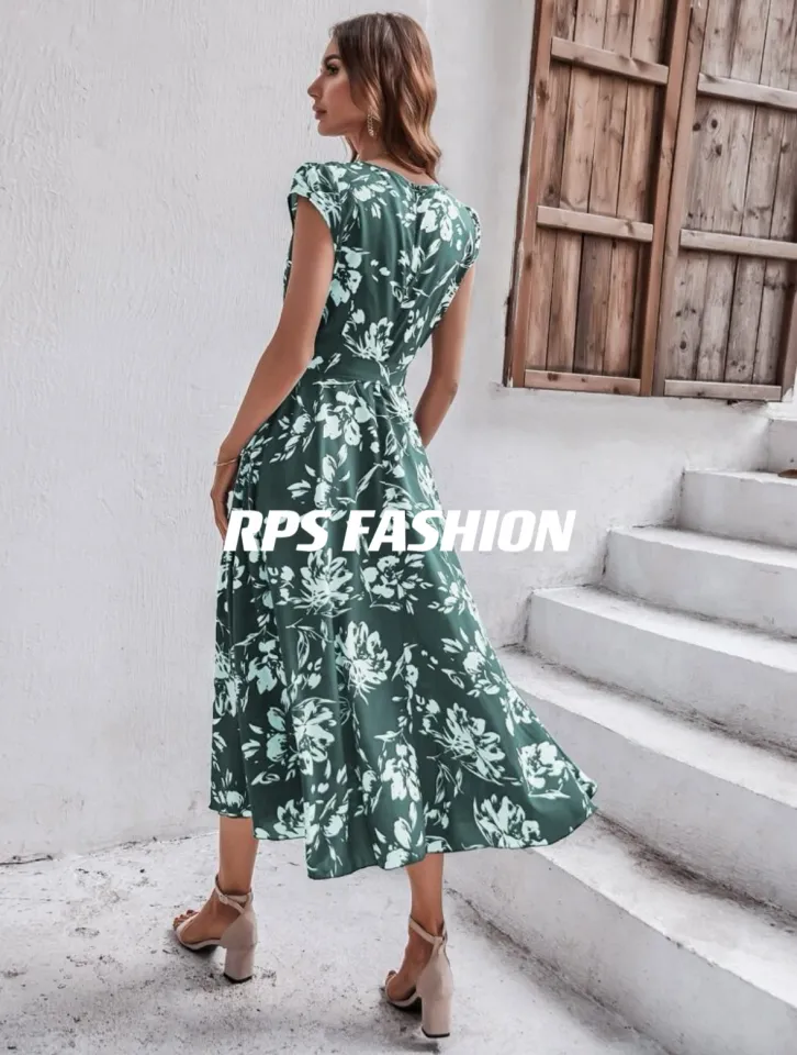 Womens Casual Dress Floral Print Apricot Blue Green V Neck Cap Sleeve Maxi High Waist Knot Size Wrap Boho Dresses