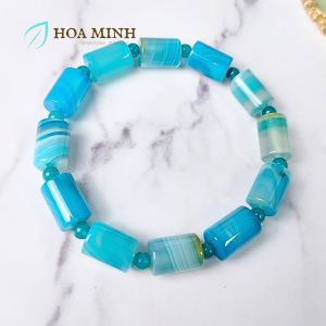 Vòng tay phong thủy đá Mã Não xanh biển có vân dạng lu thống size 8.6 x 12 li xen kẽ viên tròn hợp mệnh Thủy Mộc Kim | Hoa Minh Gem