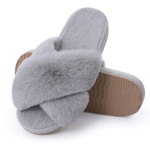 Comwarm Fashion Furry House Slippers Women Fluffy Fur Flip Flops Bedroom Fuzzy Flats Slippers Thick Sole Cross Band Indoor Shoes