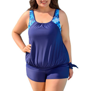 Charmo Plus Size Two Piece Tankini Swimsuits for Women Blouson Plus Size Tankini Top with Swim Shorts and Pockets