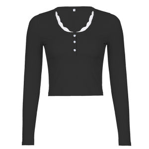 VM 2025เสื้อยืดแขนยาว หวานหวานแหววว ลูกไม้ปักลาย ต้นฤดูใบไม้ร่วงและต้น เสื้อผ้าแฟชั่นผู้หญิง